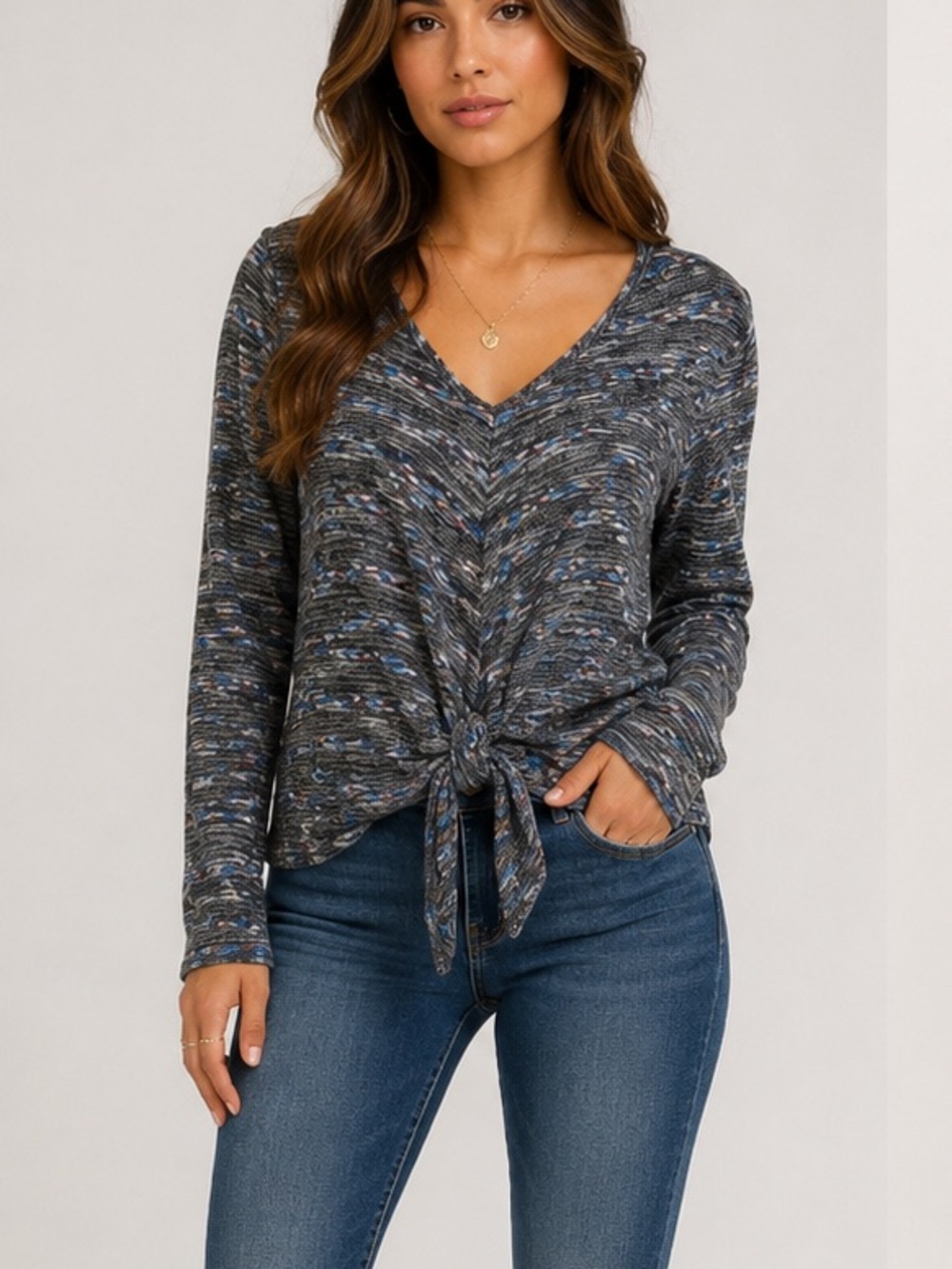 reCreation Women’s Twist-Front V-Neck Long Sleeve Top - Heathered Blue
